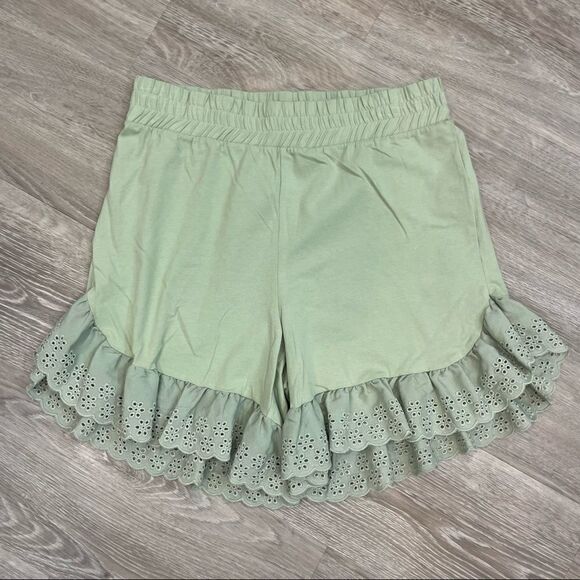 Vero moda Olive Cotton Shorts Ruffle Hem High Waist Comfy and Soft Cotton - Picture 1 of 6